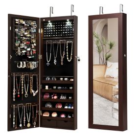 Lockable Wall Mount Mirrored Jewelry Cabinet With LED Lights (Color: Brown)