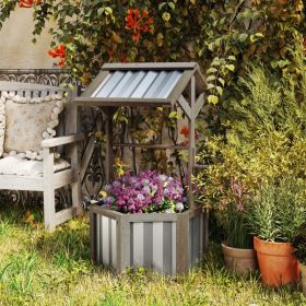 Wooden Wishing Well Planter, Raised Garden Bed With Galvanized Canopy, Hexagon Raised Flower Bed For Garden, Light Gray (Option: Light Gray)