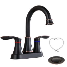 2-Handle 4-Inch Oil Rubbed Bronze Bathroom Faucet, Bathroom Vanity Sink Faucets With Pop-up Drain And Supply Hoses (Color: Black)