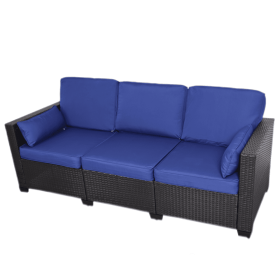 3-Seat Patio Wicker Sofa, Outdoor Rattan Sectional Couch Furniture Steel Frame With Furniture Cover Non-Slip Cushion (Option: Black Blue)